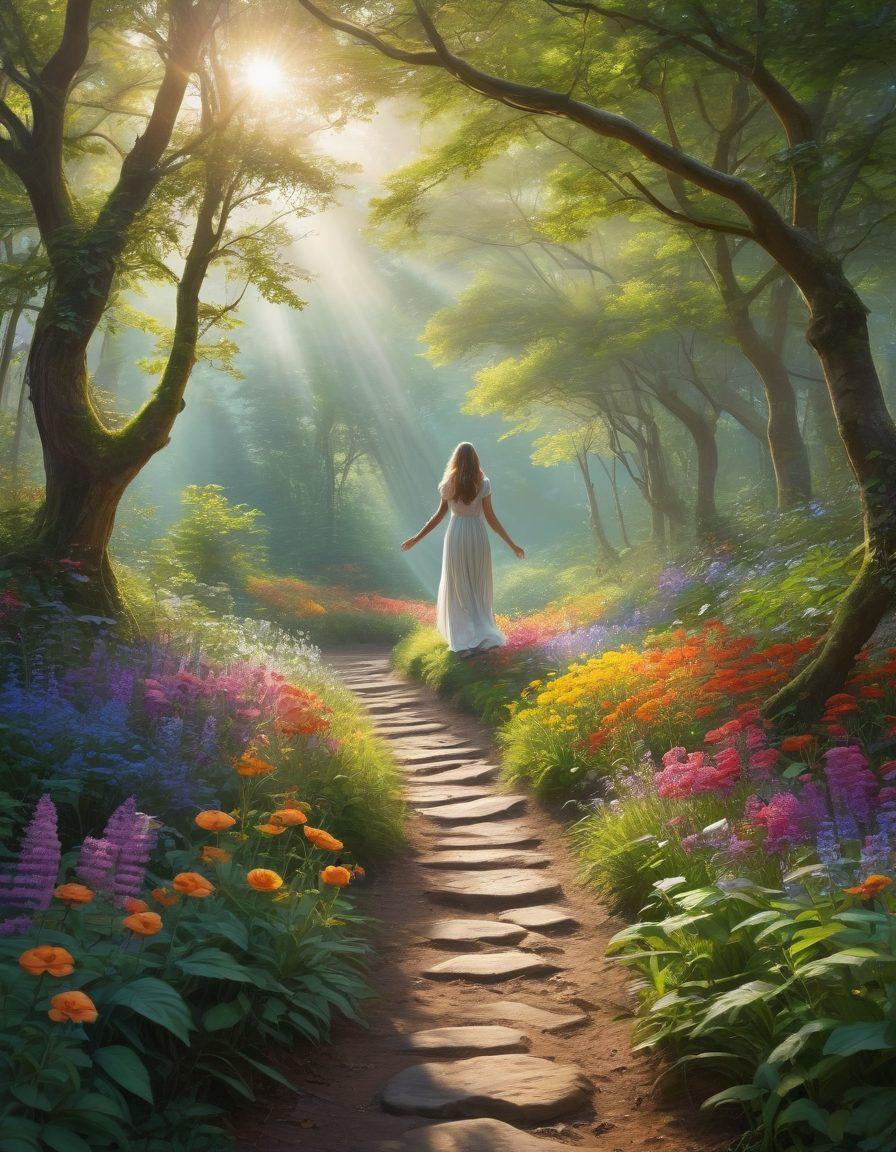 A serene landscape depicting a winding path through a lush forest, symbolizing the journey of transformation. Along the path, vibrant flowers bloom, representing joy, and sunlight filters through the trees, creating a warm, inviting atmosphere. In the foreground, a figure stands with outstretched arms, embracing the beauty of life. The overall vibe should radiate positivity and tranquility. ethereal landscape. vibrant colors. super-realistic.