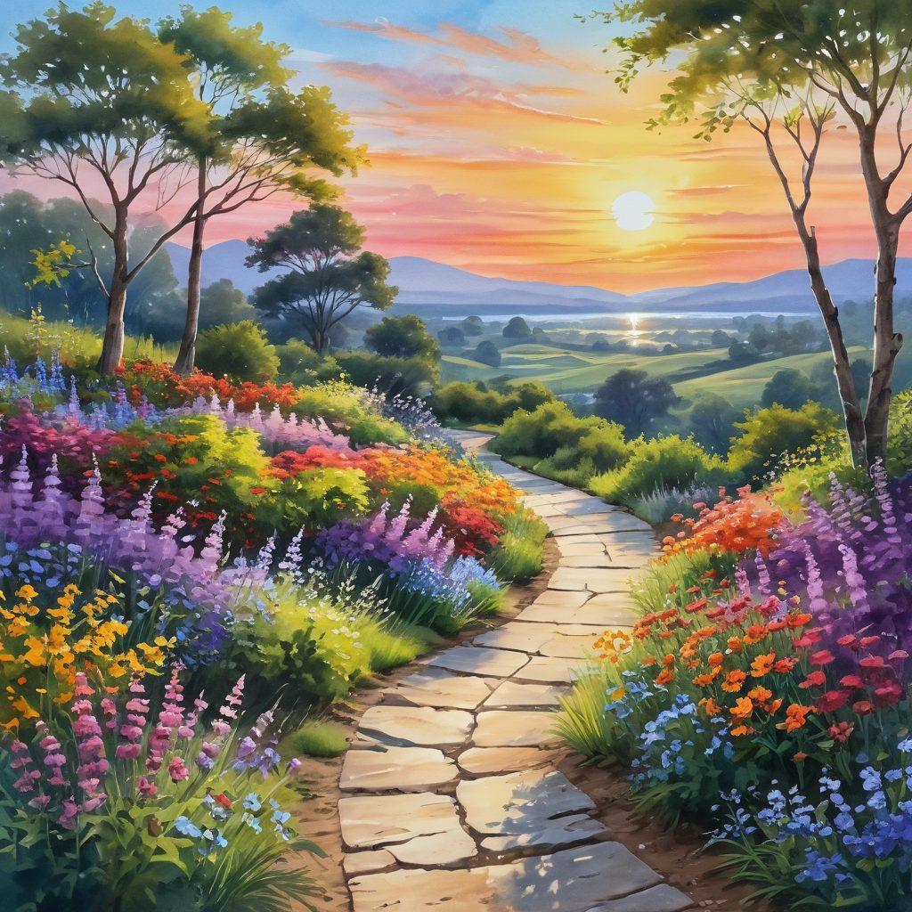 A serene landscape featuring a winding path lined with blooming flowers, inviting the viewer to follow. In the distance, a bright sun rises above a peaceful horizon, symbolizing joy and hope. Scattered throughout the scene are joyful people engaging in activities like yoga, laughter, and meditation, fostering a sense of happiness and connection. Incorporate vibrant colors to evoke positivity and warmth. water color painting. vibrant colors.