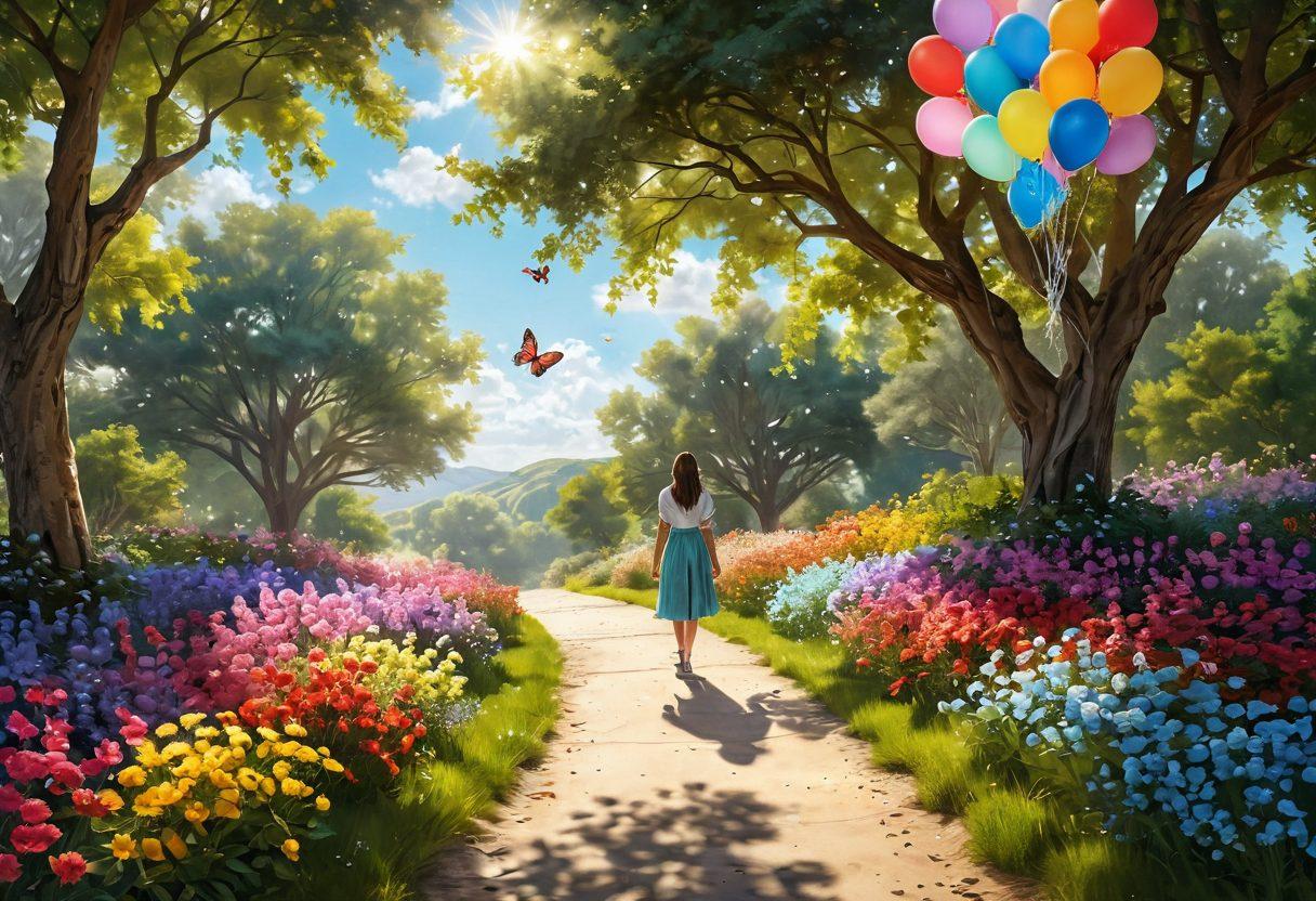 A serene landscape depicting a person standing on a path surrounded by blooming flowers, symbolizing self-growth and joy. Soft sunlight filters through lush trees, casting gentle shadows and illuminating the scene. Incorporate inspirational elements such as butterflies and colorful balloons floating in the sky. The atmosphere should evoke a sense of peace and cheerfulness. super-realistic. vibrant colors. nature-themed.